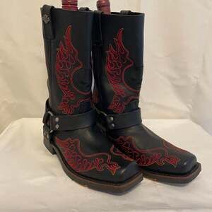 Harley-Davidson Slayton Black Leather Square Toe Boots‎ Red Flames Harness 9